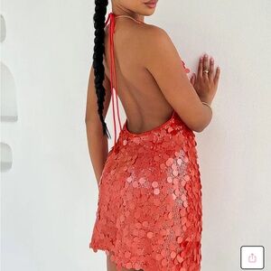 Beginning Boutique Coral Sequin Backless Halter Mini Dress